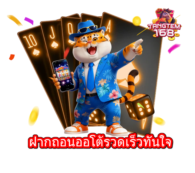 เสือการ์ตูนใส่สูทยืนถือมือถือหน้าการ์ดไพ่และลูกเต๋า รายล้อมด้วยเหรียญทองสไตล์คาสิโน